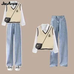 2024 Autumn Korean Elegant Long Sleeved Shirt+Knitted Vest+Denim Pants 3 Piece Women Loose New In Matching Set Female Tracksuit