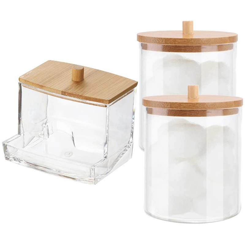 Cotton Swab Storage Box Cotton Ball/Swab Dispenser Jar Storage Box With Bamboo Lid Bathroom Container