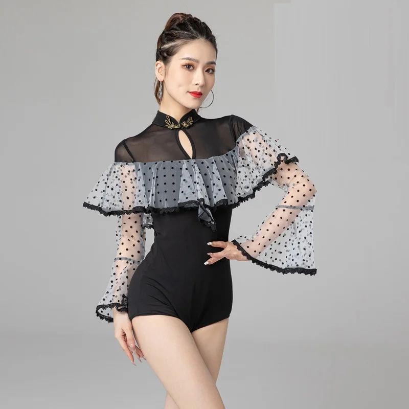 

X129 Latin Dance Jumpsuit Top Women's New Modern Dance Blouse Waltz National Standard Dance Top Flounce One-piece Training Suit