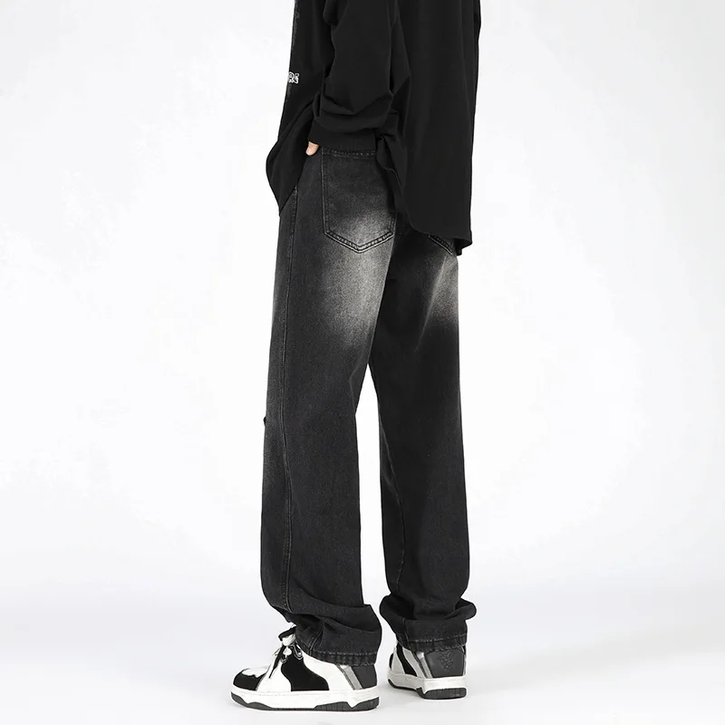 Europe and America style new high street niche jeans men's loose fitting straight leg versatile design patchwork wide leg pants