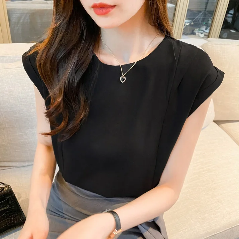 Summer Korean Version Cotton Linen O-neck Sleeveless Blouse Women Clothing Elegant Chic Slim Solid Shirts Sweet Pullovers