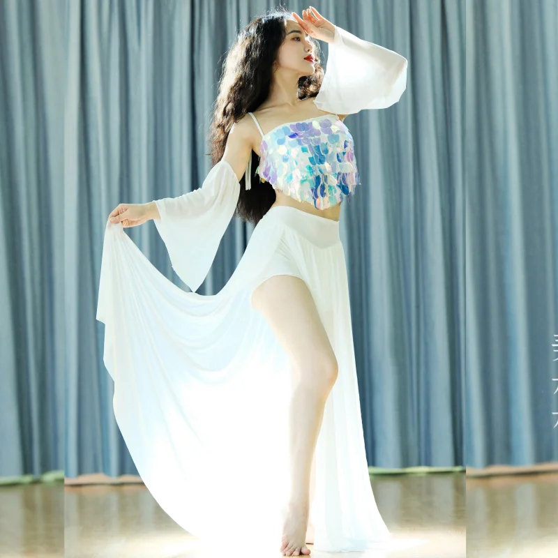 جديد أداء الرقص الشرقي زي المتقدمة الترتر أعلى + الأكمام + تنورة طويلة مثير 3 قطعة بدلة ممارسة الرقص الشرقي الإناث الكبار