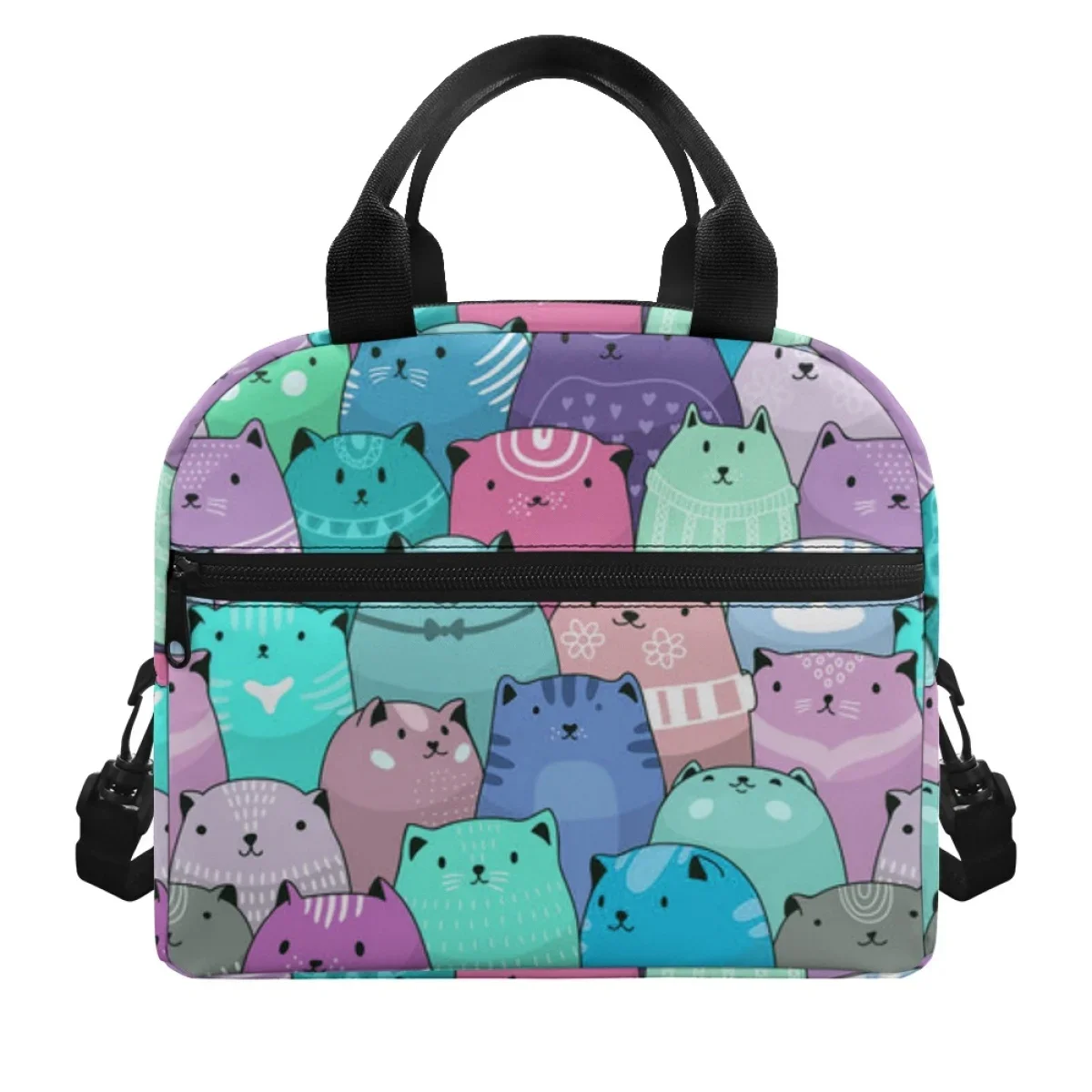 Kawaii Candy Cat Pattern Woman Men Large Capacity Insulated Lunch Bag Dirt Resistant Ladies Comfort Handle Convenience Handbag