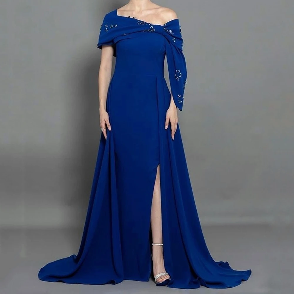 

Customized Mermaid Evening Dresses Floor-length Off The Shoulder Sleeveless Prom Gown Fashion Sequined Simple Draped Party Gown