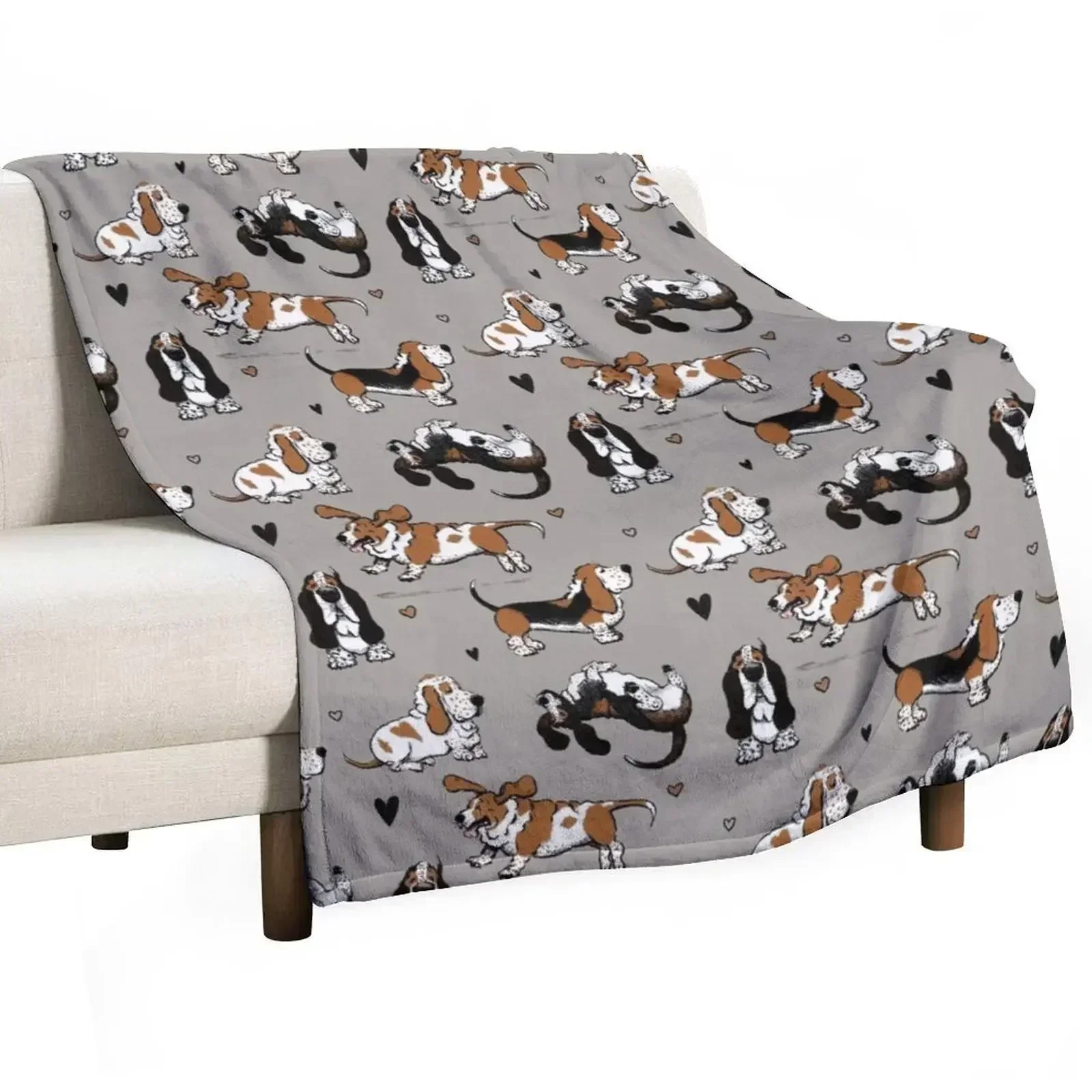 

Basset Buddies on Warm Gray Throw Blanket Cozy Sofa Blanket for TV Watching Napping