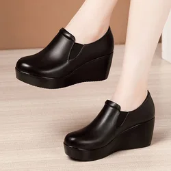 Genuine Leather Women Shoes 2022 Spring Autumn Slip-On Woman High Heels Round Toe Casual Slope Heel Ladies Platform Shoes 32-43