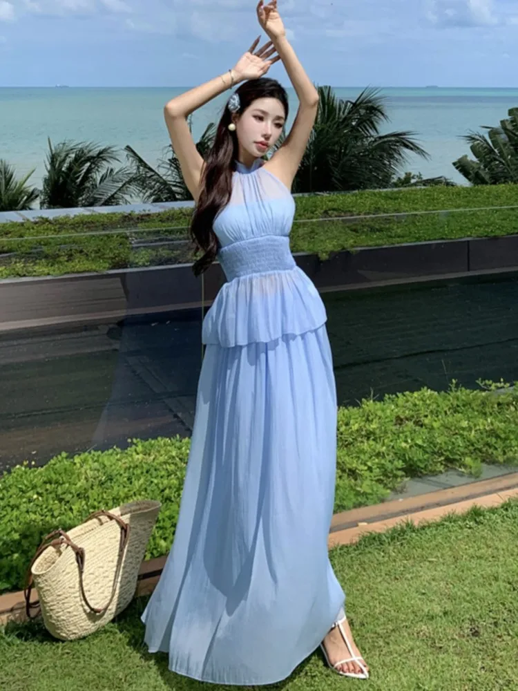 Elegant Blue Skirt Suits Korean Halter Off Shoulder Slim Waist Top + Loose Casual Skirt Womens Two Pieces Set Female Clothing