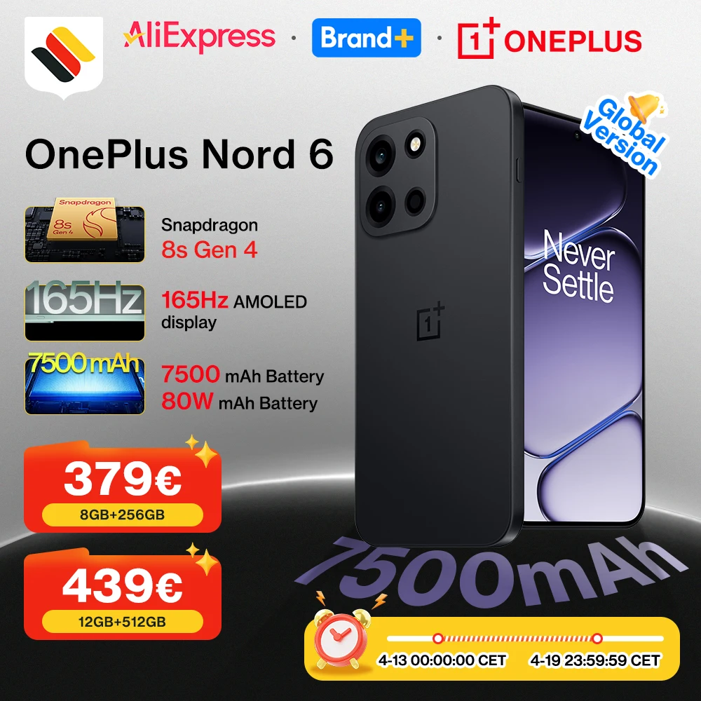 Lancement mondial 2026  OnePlus Nord 6 5G 8 Go + 256 Go / 12 Go + 512 Go, Snapdragon 8s Gen 4, 165 Hz, 9 000 mAh, IP69/IP69K, appareil photo 50 Mpx avec stabilisation optique (OIS), version internationale