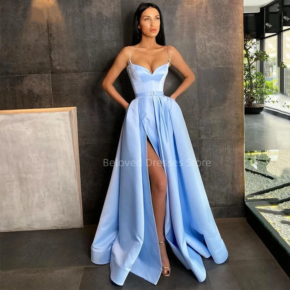 

Sexy Sweetheart Satin Blue Party Dresses Spaghetti Strap High Split A Line Prom Evening Gowns for Women 2024 Vestidos De Gala