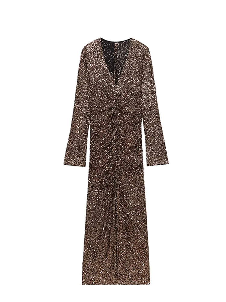 HH Abito lungo sexy da donna con scollo a V e paillettes con orlo a fessura Decorazione Abito lungo femminile elegante maniche lunghe Abiti da sera sottili