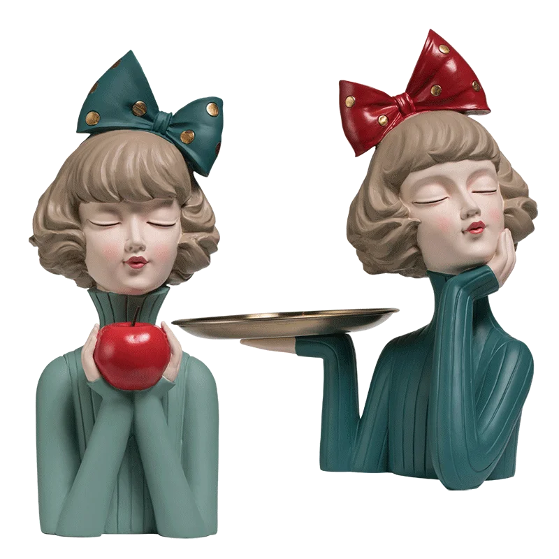 Nordic Ins Resin Bow Girl Fruit Dish Tray Desktop Storage Abstract Figure Sculpture Modern Home Decoration Children's Girls Room