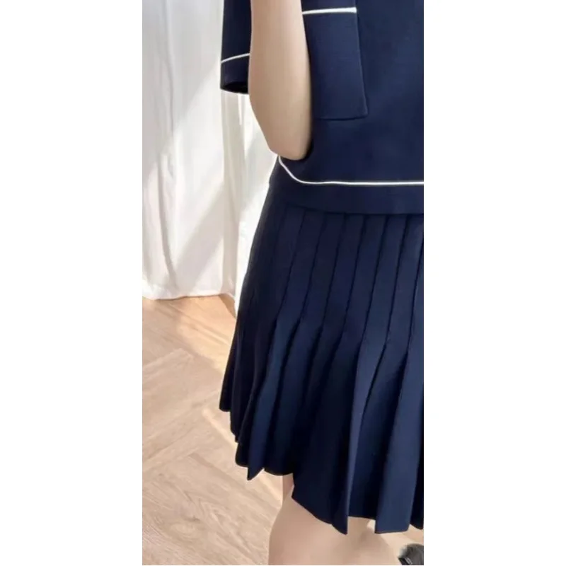 Traf official store French Preppy Style Dark Blue Classic Contrast Color Lapel Short Knitted Top Skirt Suit High-End Lady