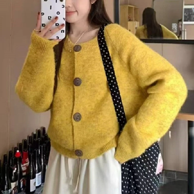 

Lazy Style Solid Color Loose O Neck Korean Women's Casual Cardigan Spring Autumn Fashion Simple Soft Versatile Knitted Sweater