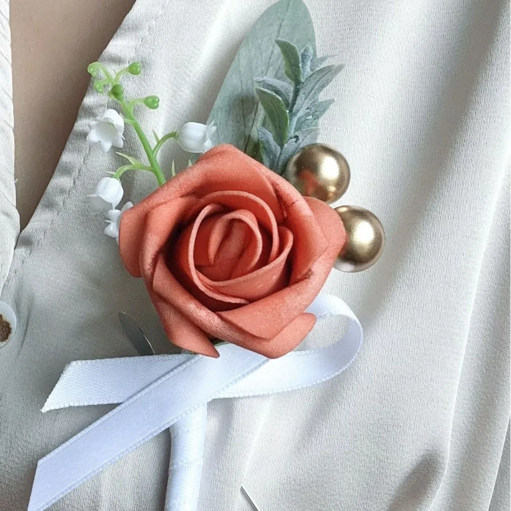 

Yannew 6pcs Terracotta Boutonniere for Men Artificial Rose Wedding Groom Groomsmen Boutonniere for Ceremony Prom Suit Flowers