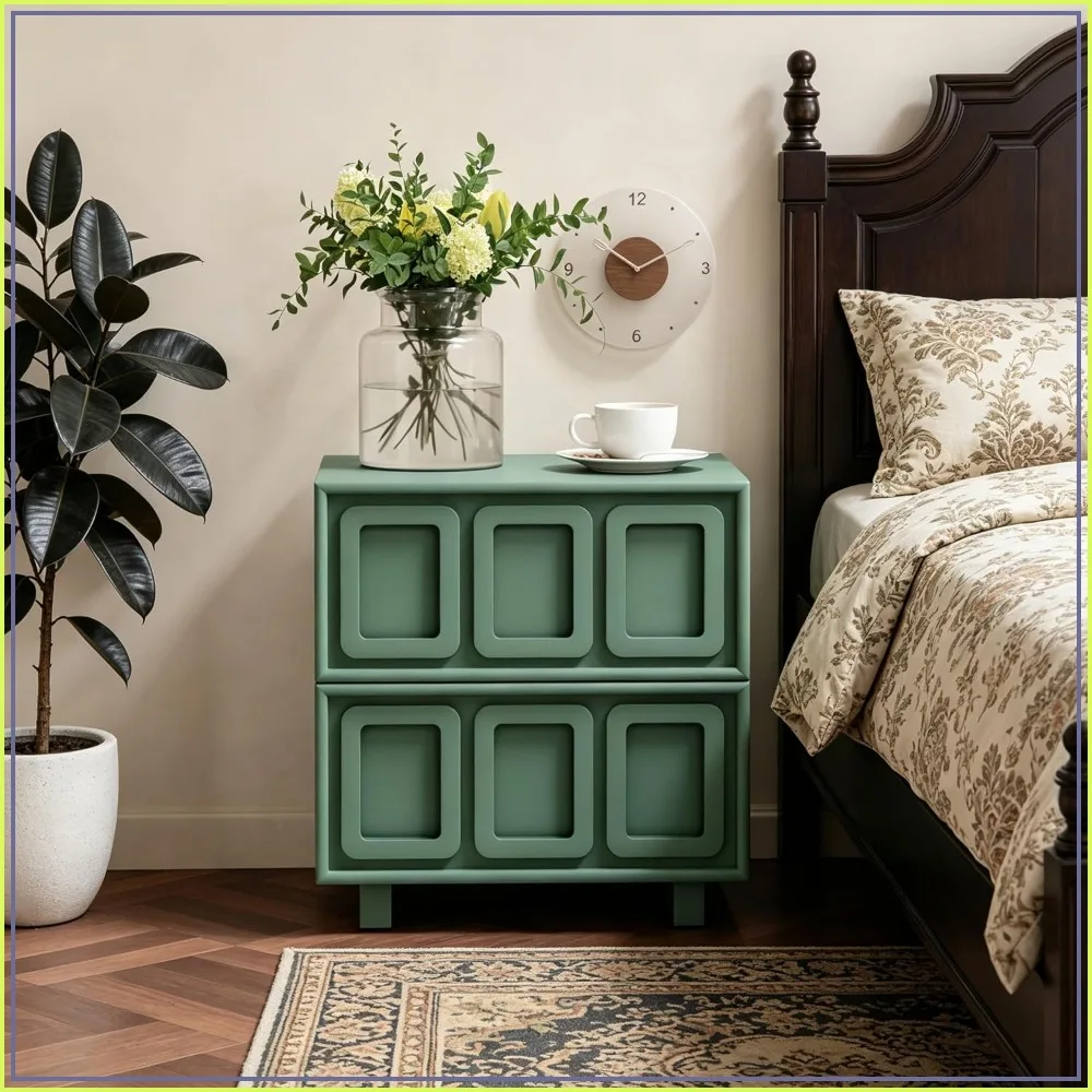 Retro 2 Drawer Nightstand with Decorative Framed Panels, Green