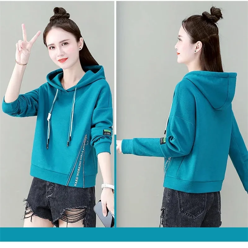 Kurze Kapuze Sweatshirt Frauen Bluse Alterung Frühling Herbst die neue Jacke lose koreanische Mantel große Größe lässige Tops weiblich