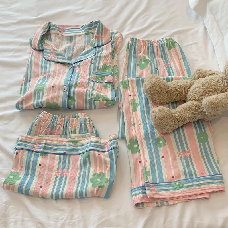 Women's Hot Selling Short Sleeved Sleepwear Home Wear Three Piece Set Summer Striped Small Flower Short Sleeved Pants Pajama Set