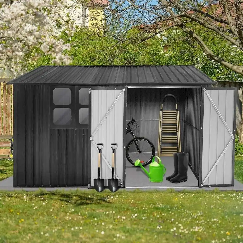 10X8 FT Outdoor Storage Window, Large Garden Shed With Updated Frame Structure And Lockable Doors, Metal Tool Sheds