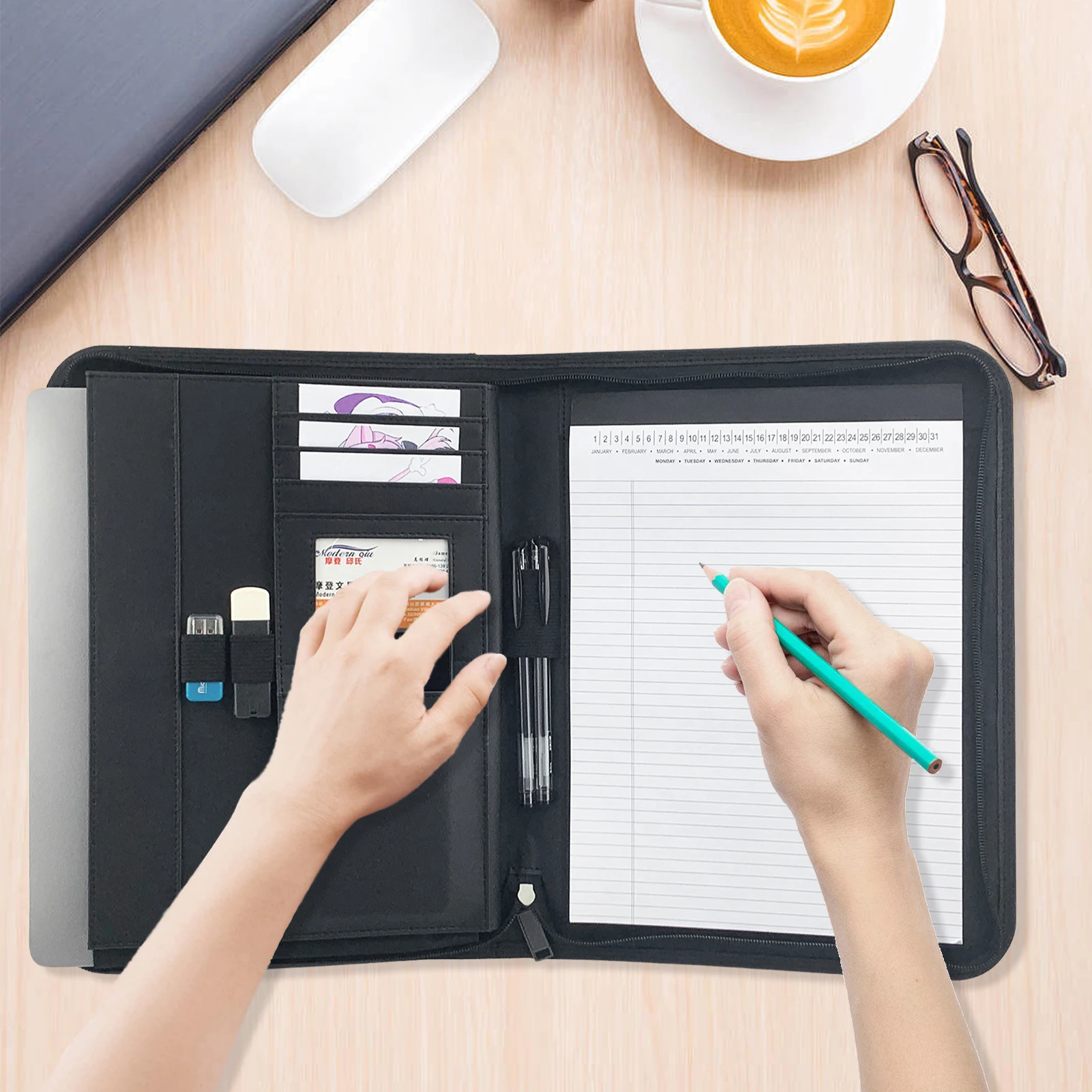 Bisofice Zippered Business Padfolio A4 PU منظم محفظة جلدية للمقابلة استئناف وثيقة مخطط جدول الأعمال