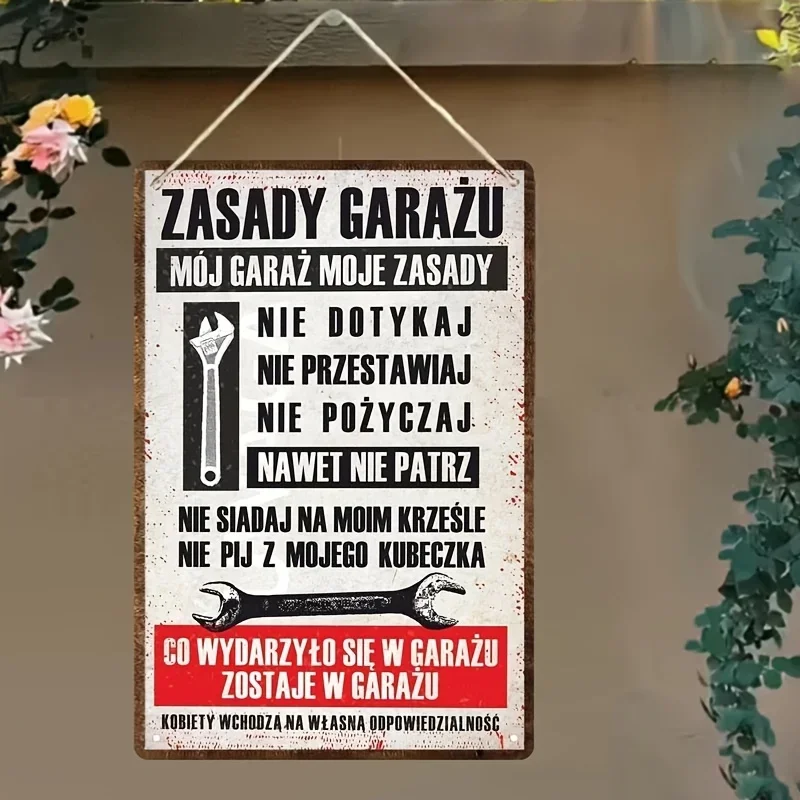 Vintage Metal Wall Sign—Rustic Style Iron Garage Sign with Polish Text and Key Graphics, Prohibiting Touching/Hand Contact/Staying