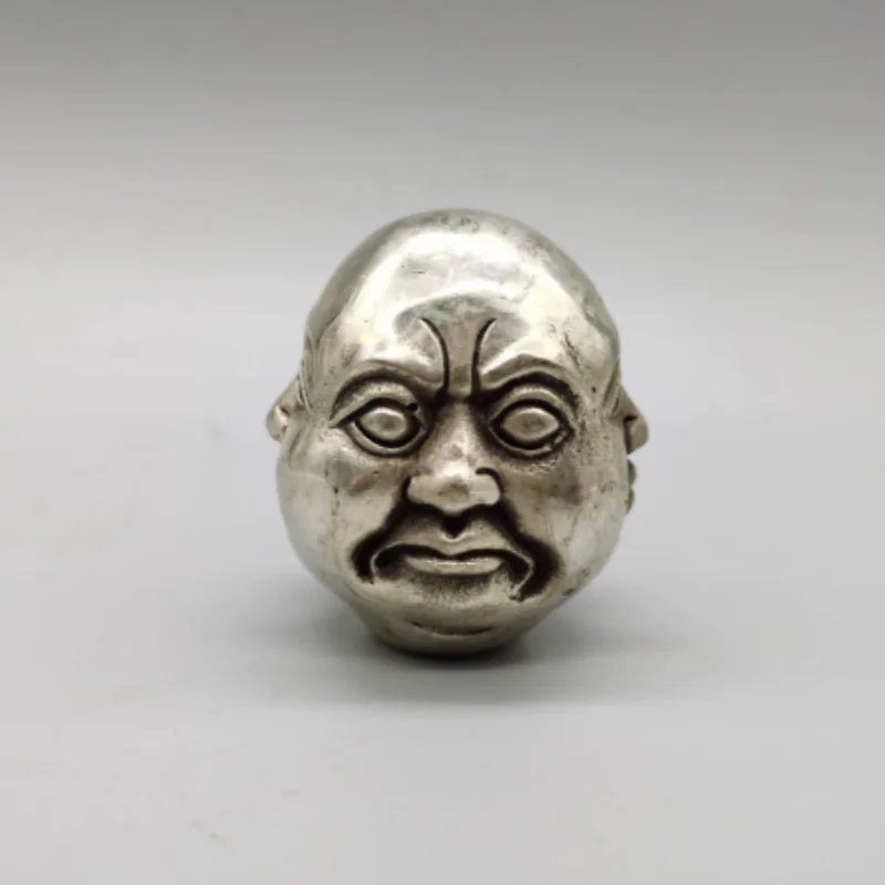 Antique White Brass Mini Buddha Head Statue - Four-Faced Joy, Anger, Sorrow & Happy Statue, Handheld Ornament