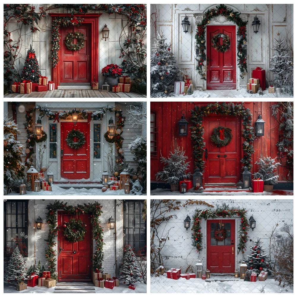 Merry Christmas and Winter Photography Background Garland Red Door Light Decoration Boys and Girls Birthday Party Decoration