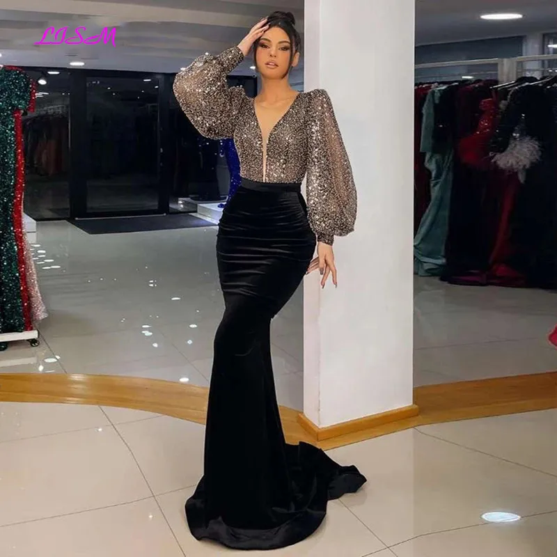 

Velvet Formal Evening Dress with Gliiter Long Puffy Sleeves Black Prom Gown Women Celebrity Party Dress robe de soirée