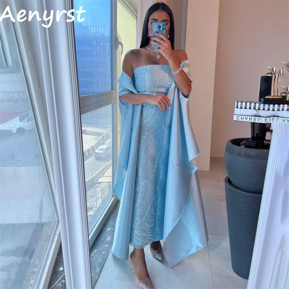 Aenyrst Sky Blue Strapless Satin Sequins Saudi customized Evening Dresses Straight Shawl Prom Dress Ankle Length Party Gowns