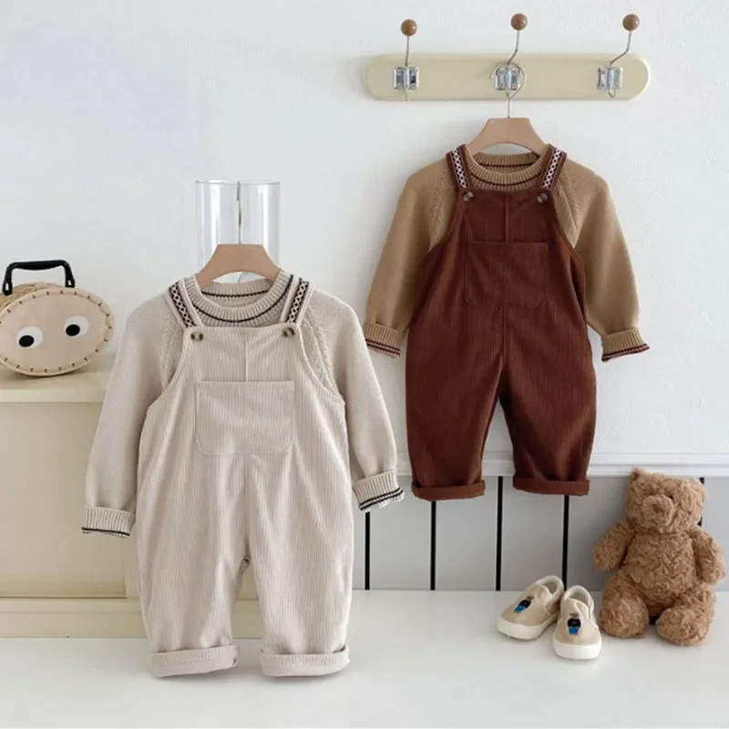 

2025 Spring Unisex Kids Corduroy Overalls 1-6T Fashion Solid Color Loose Boys Suspenders Trousers Girls Casual Bib Pants