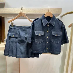 Women Denim Set Shoulder Badge Patch Single Breasted Turn-down Collar Short Sleeve Jacket or Pleated High Waist Mini Skirt