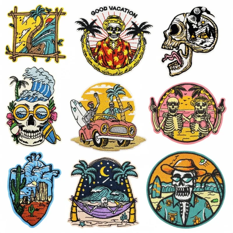 

Summer Funny Holiday Skull Car Round Iron-on Sew Embroidery Badge Patches for DIY T-shirt Hat Backpack Clothing Applique Sticker