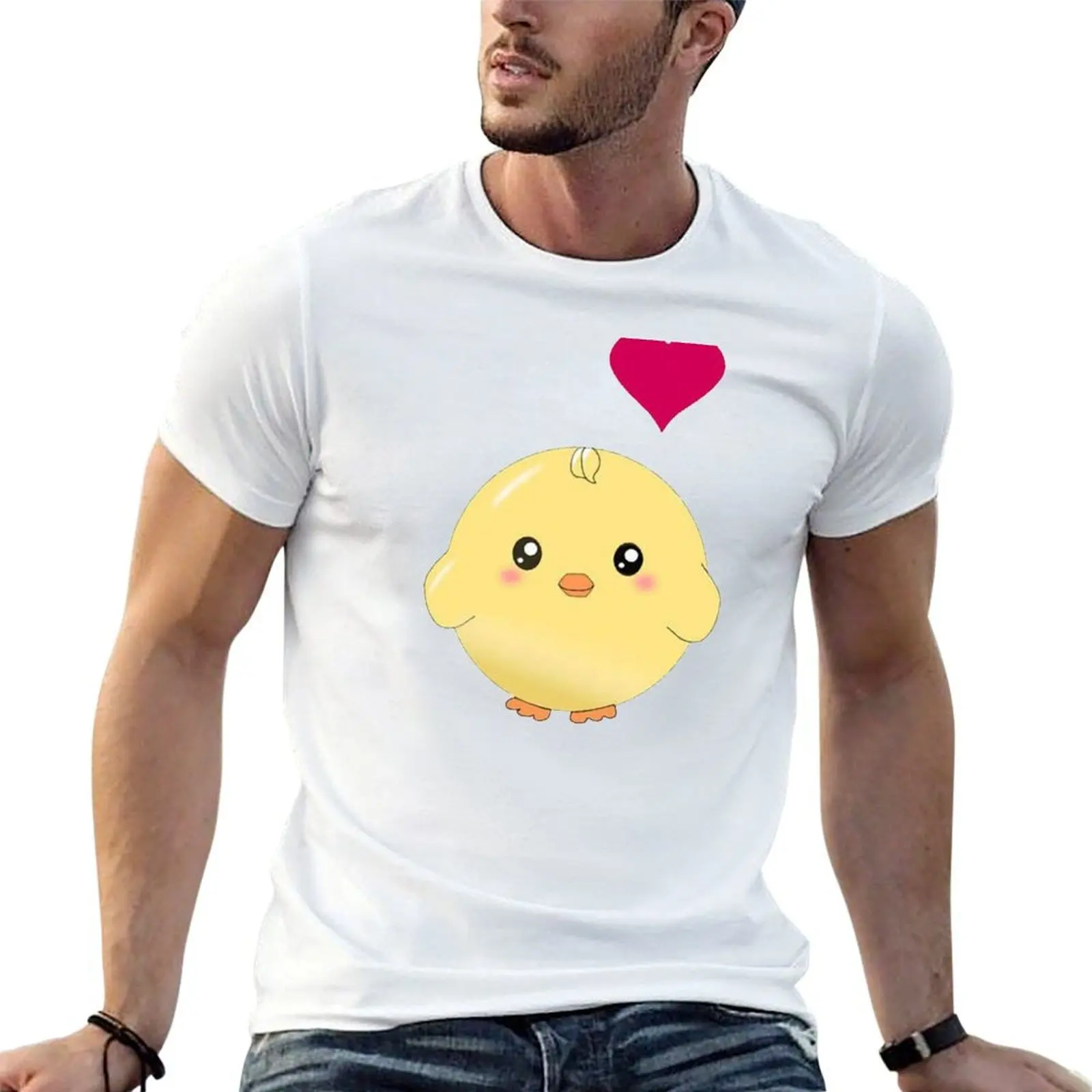 Cute yellow chick with red love heart - sweet kawaii anime cartoon - adorable round baby bird T-Shirt