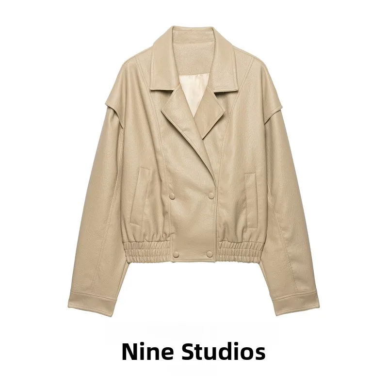 Nine Zar Women's PU Leather Jacket with Pocket Decor Double Row Buttons Flip Collar Elastic Hemline Long Sleeve Short Coat