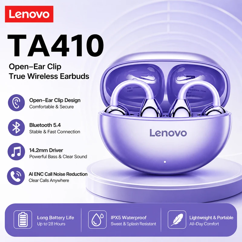 Original Lenovo TA410 TWS Panoramic Sound Effects Wireless Earbuds Ear Clip Bone Conduction With Mic Bluetooth 5.4 Headphones