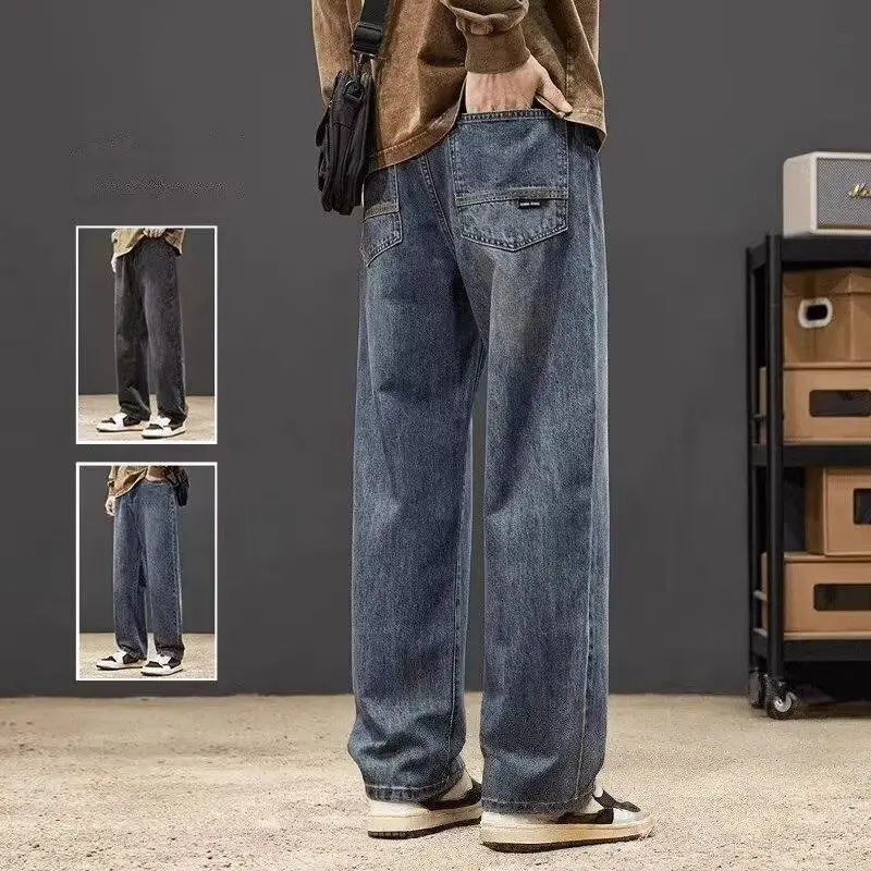 

American Style Loose Straight Leg Vintage Jeans Men's Spring Autumn High Street Cool Casual Loose Fit Classic Blue Denim