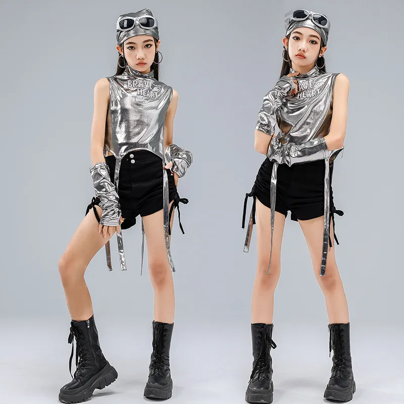 

Kid Kpop Hip Hop Clothing Silver Strap Mock Neck Crop Tank Top Black Side Lace up Shorts for Girls Jazz Dance Costumes Clothes
