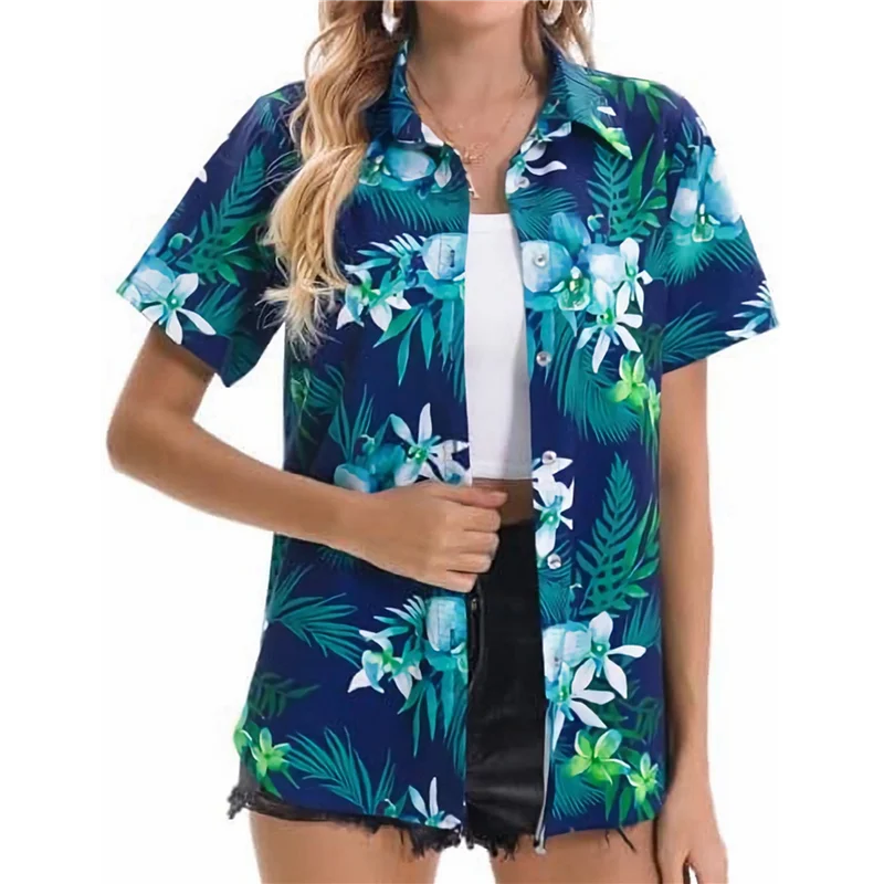 

A83F-Women Tropical Shirt Summer Beach Hawaii Button Down Short Sleeve Blouses Floral Tops