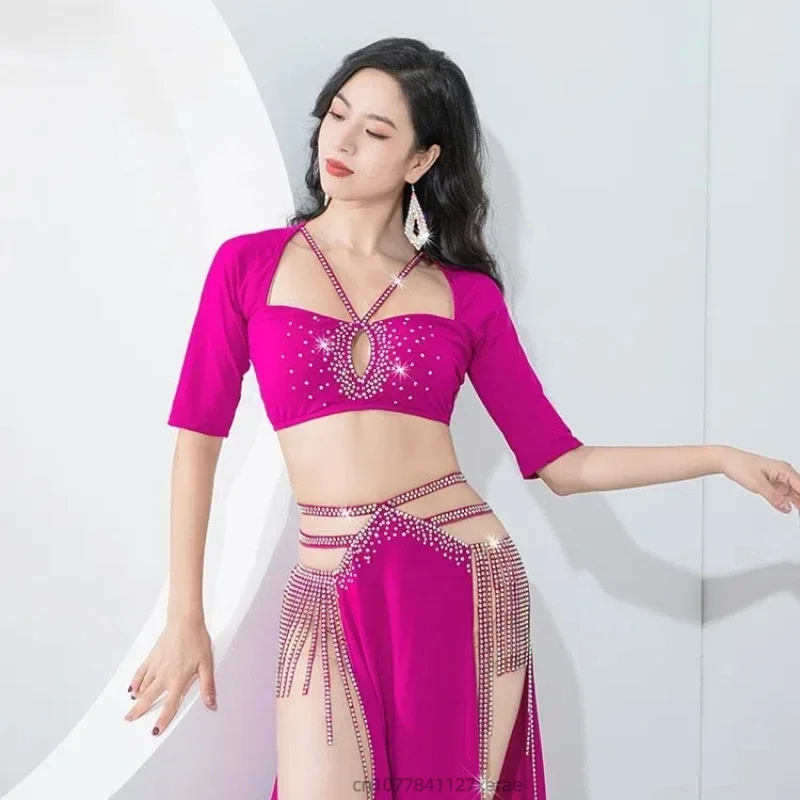 Traje de dança do ventre para mulheres, blusa de manga curta com saia de fenda dupla, conjunto de borla para performance de dança do ventre feminino