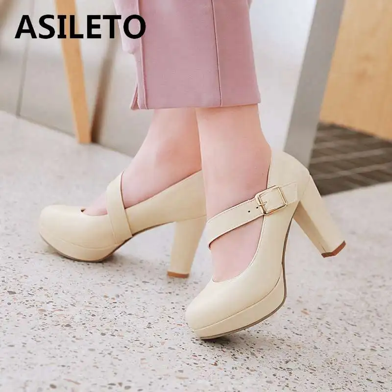 ASILETO women pumps platform Mary buckle round toe high heels stilettos office party beige pumps zapatos mujer chaussures