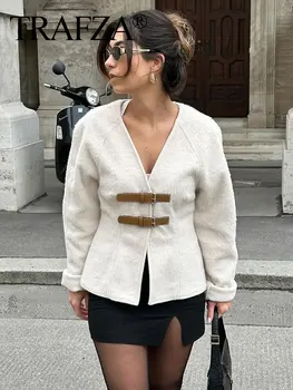 Image TRAFZA Retro Leather Buckle Woolen Coat Women Fashion Solid V Neck Long Sleeve Beige Jacket Autumn Spring Chic Female Streetwear