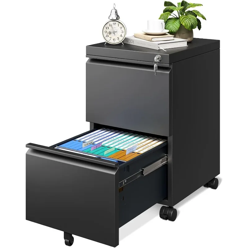 File Cabinet for Home Office, Fully Assembled Filing Cabinet 2 Drawer Rolling File Cabinets with Lock, Small Mobile File Storage