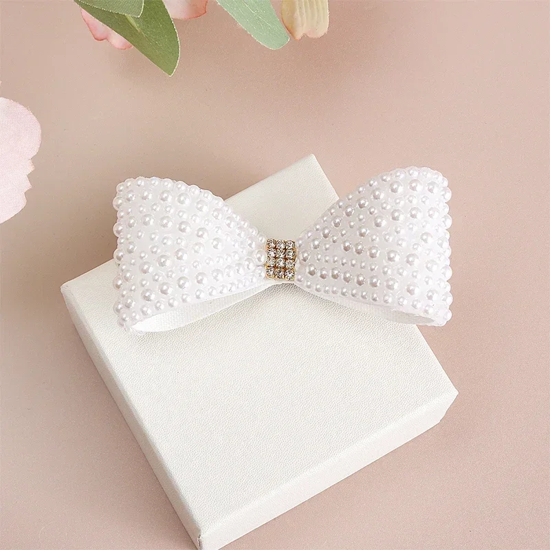 ncmama Fashion White Pearl Hair Bows with Clips for Girls Kids Boutique Hairpins Barrettes Baby Headwear Hair Accessories Gifts