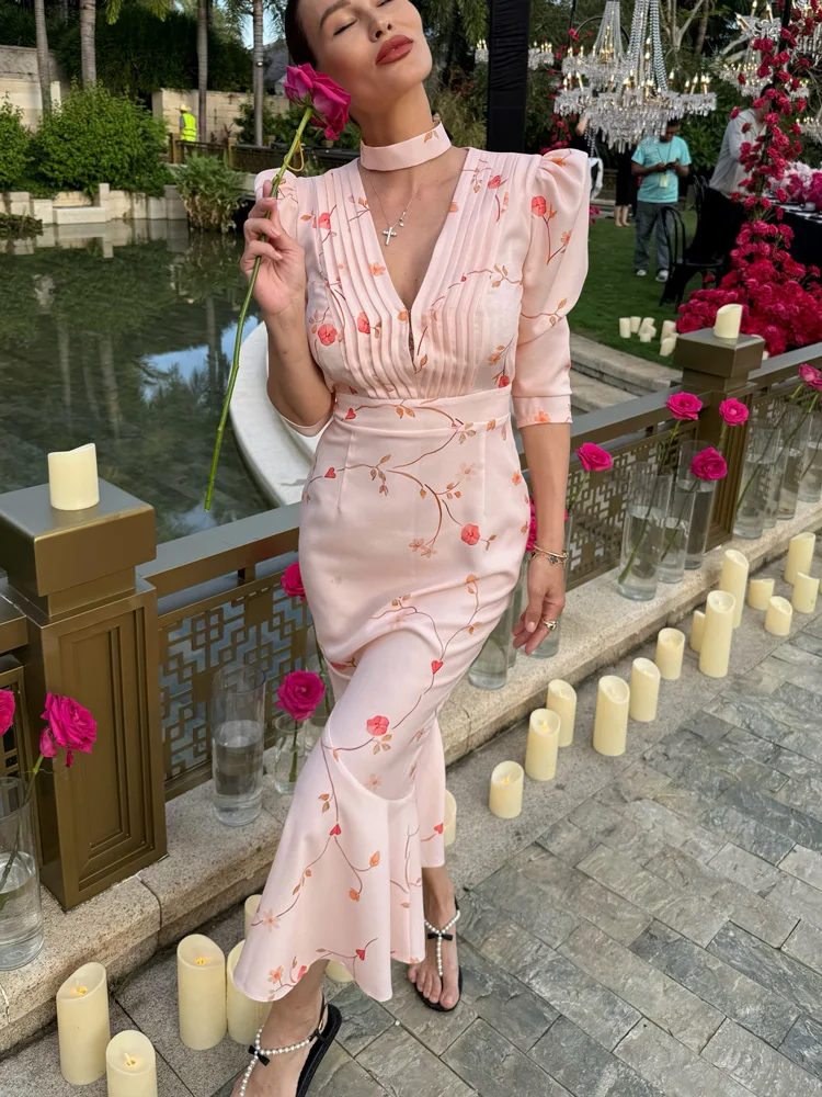 Tossy Elegant Printed V-Neck Long Dress Female High Waist Bandage Slim Contrast Party Dress Evening Women's Lace-Up Maxi Dress
