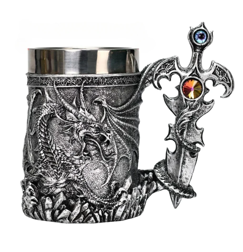 600ML 3D Relief Dragon Warrior Beer Mug Nordic Mythical Evil Dragon Coffee Wine Cup Men’s Christmas Gift Home & Bar Decoration