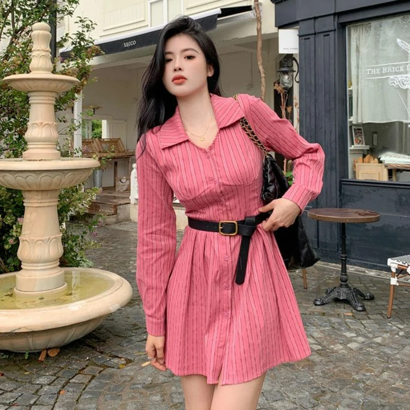 Large Size Sweet Spicy Style V-neck Striped Dress Spring 2024 New Women Sense of Design Niche Shirt Skirt Leisure A- Line Skirt