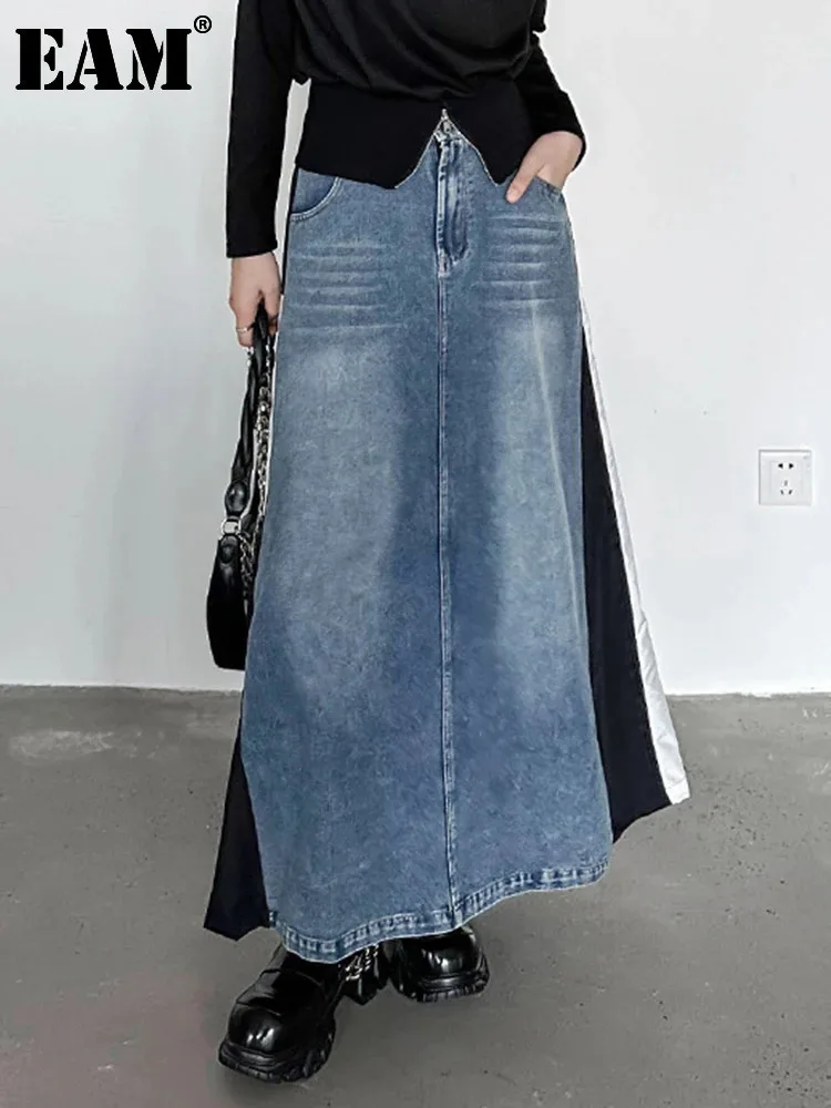 [EAM] High Elastic Waist Blue Denim Color-block Midi A-line Half-body Skirt Women Fashion Tide New Spring Autumn 2024 1DH0646