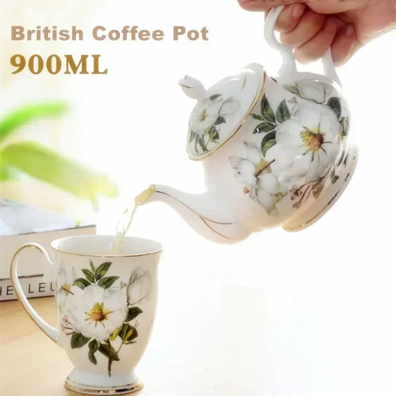 Bone China Ceramic Coffee Pot, Big Volume, British Teapot, Water Kettle, Afternoon Flower Pot, Drinkware, Pitcher Jug, 900ml