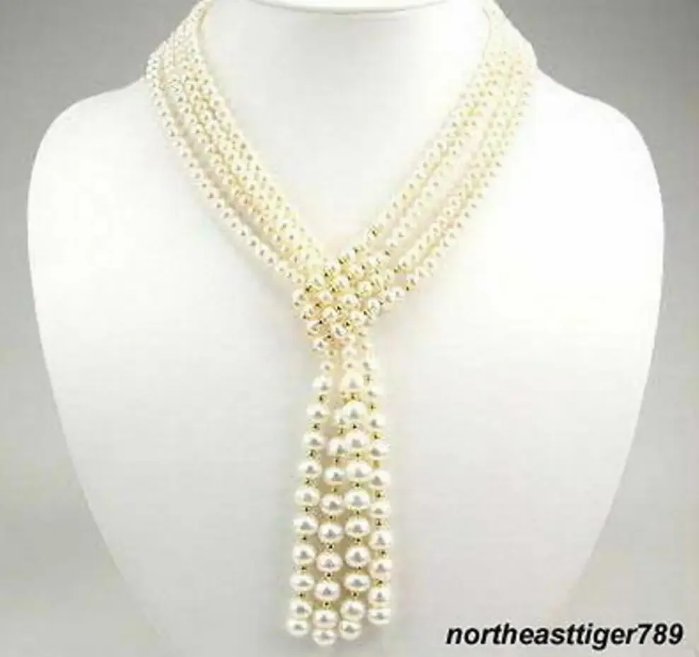 Jewelry   4 Rows Genuine White Pearl 18K Beads Wide Tie necklace