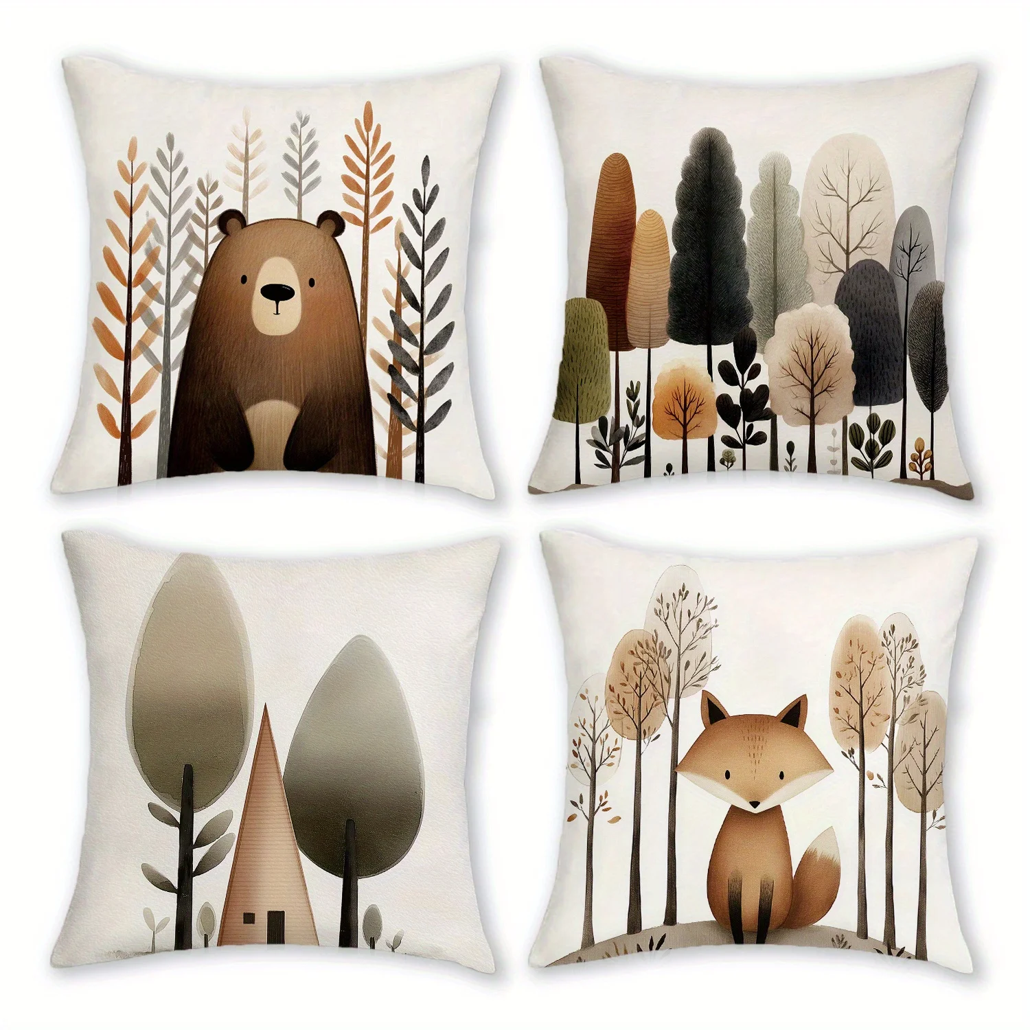 4pcs Cozy Short Plush Throw Pillow Covers, 18x18 Inch, Minimalist Forest Animal Print - Zipper Closure, Polyester, Farmhouse Aes