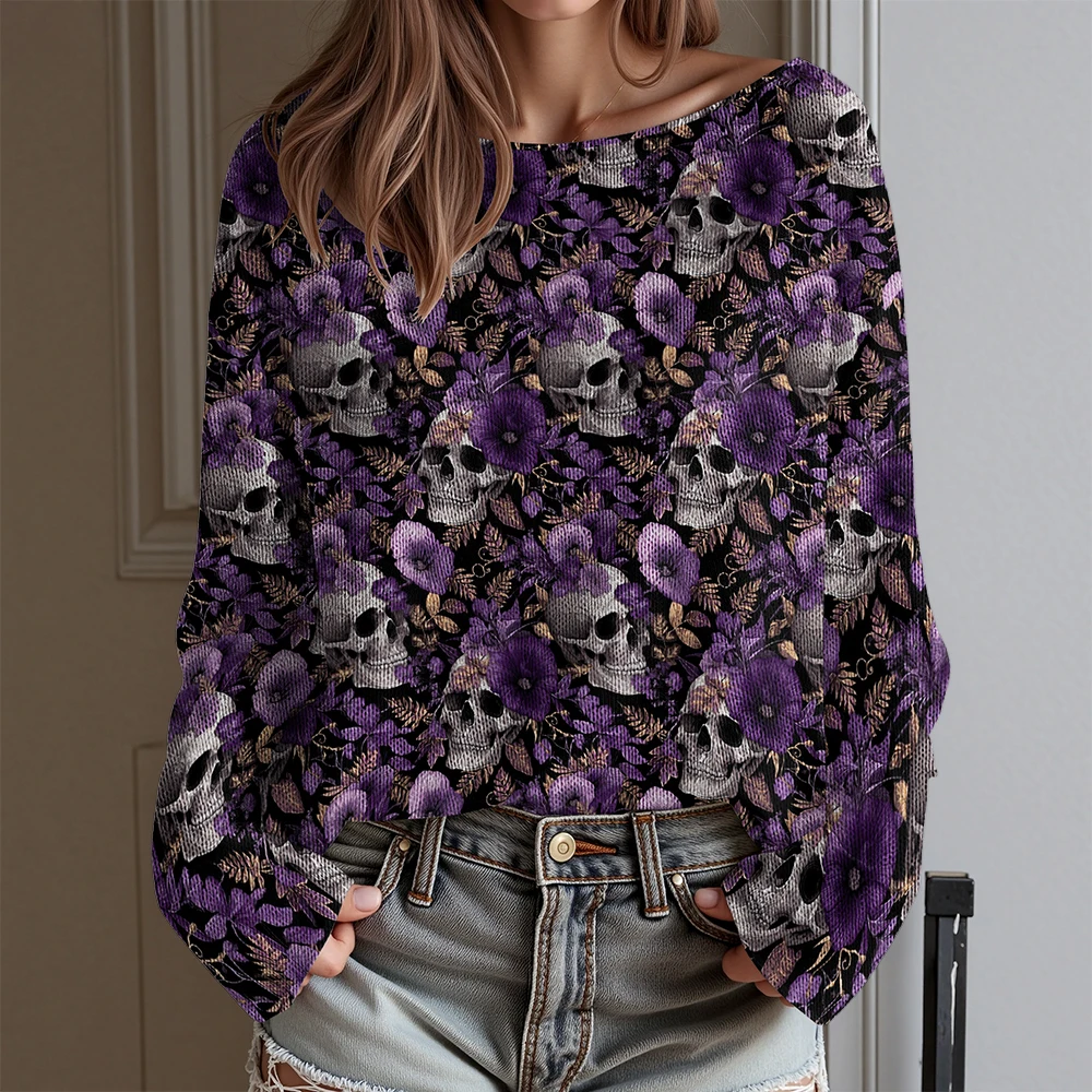 Kolorowa koszulka damska z odkrytymi ramionami i długim rękawem z nadrukiem czaszki i róży, jesienno-zimowa moda streetwear, seksowna bluza punkowa na Halloween.
